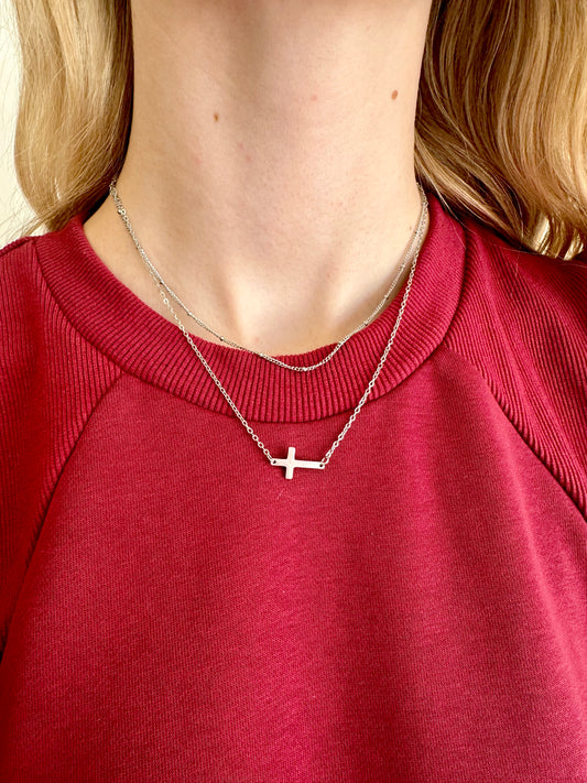 Double Layered Cross Necklace - Silver