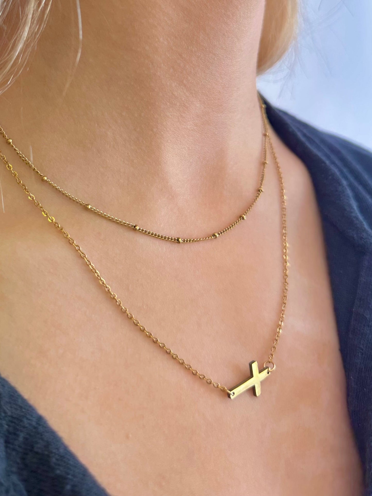 Double Layered Cross Necklace - Gold