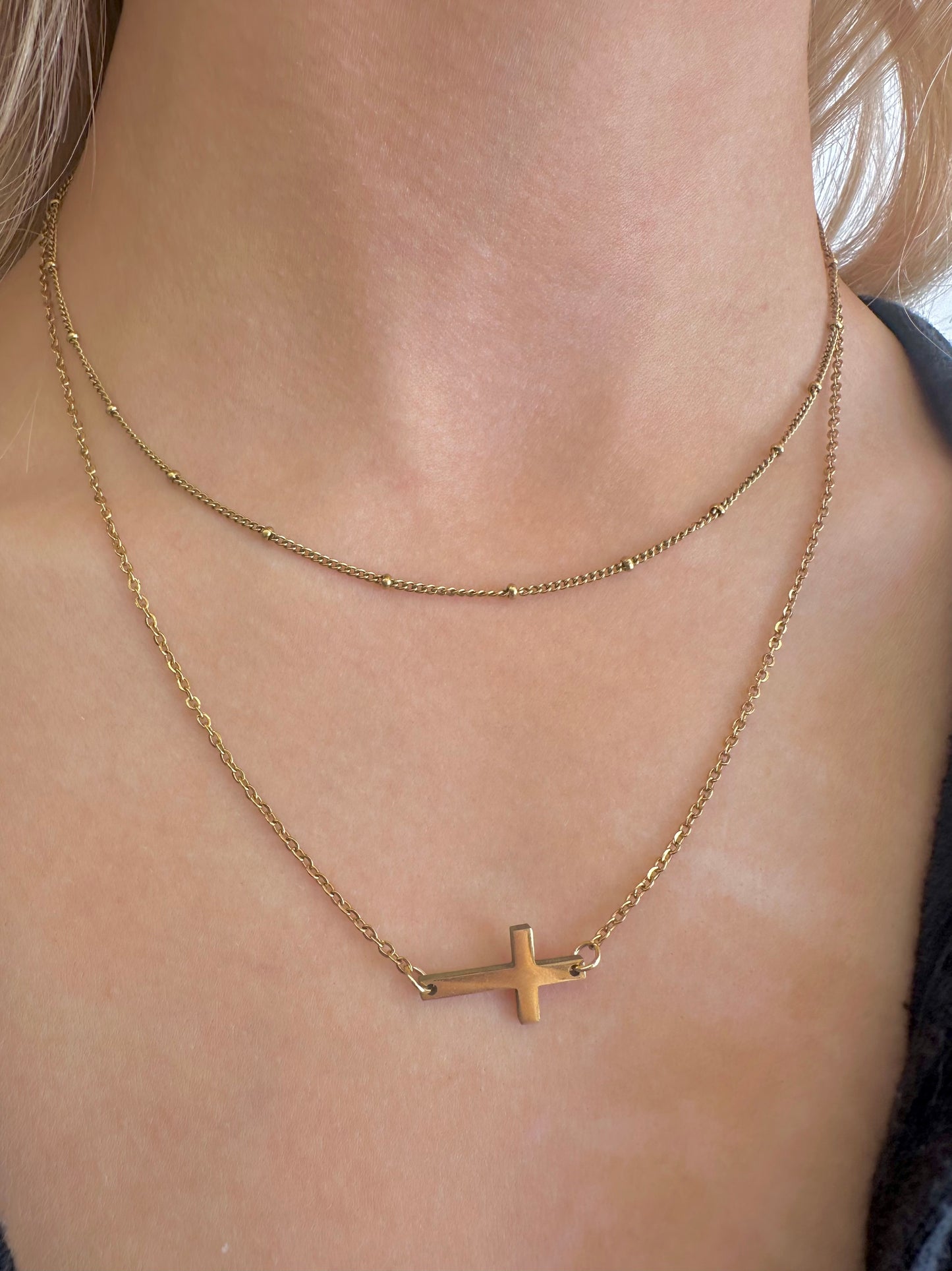 Double Layered Cross Necklace - Gold